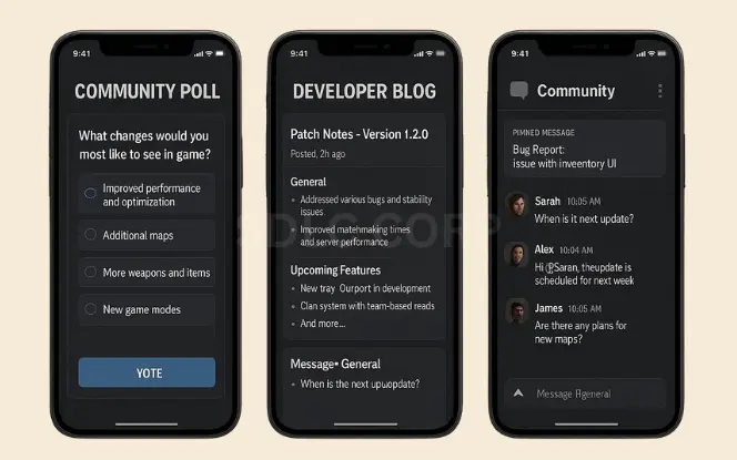 Mobile UI screens showing a community poll on game improvements, developer blog with patch notes and upcoming features, and a community chat with user feedback
