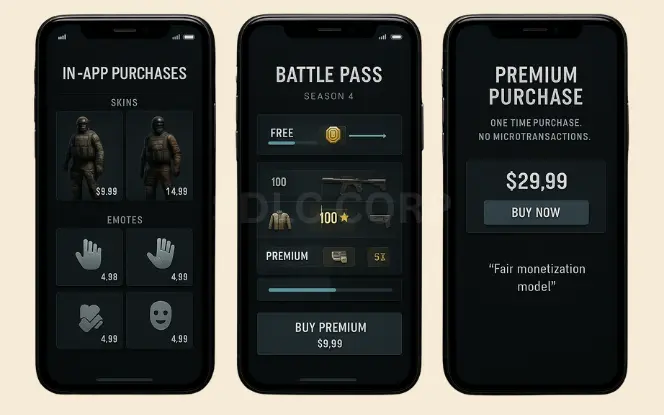 Mobile UI screens displaying in-app purchases for skins and emotes, a battle pass system with free and premium tiers, and a premium one-time purchase option