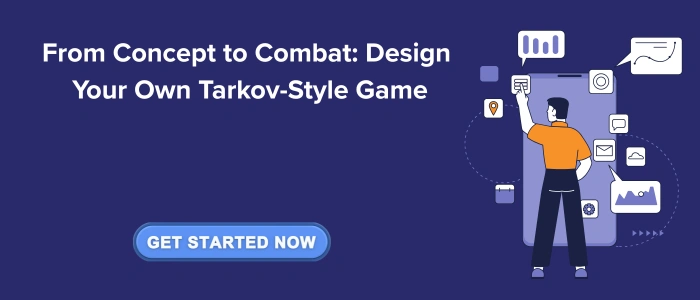 Illustration of a developer standing in front of a giant smartphone screen filled with app icons and communication elements, alongside the headline 'From Concept to Combat: Design Your Own Tarkov-Style Game'. A prominent blue button below the text reads 'Get Started Now', with a dark purple background and floating UI symbols.