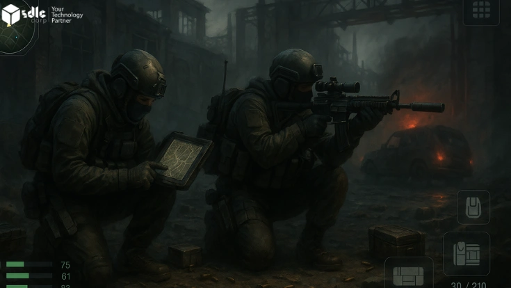 Cinematic digital painting of two tactical soldiers crouched in a foggy, war-torn industrial area. One examines a digital map tablet, while the other aims a scoped rifle. Debris, loot crates, and bullet casings surround them. An abandoned extraction vehicle glows faintly in the background. A high-tech game-style HUD overlays the scene with health, ammo, and inventory icons.