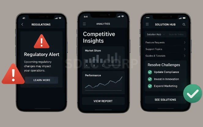 Side-by-side visual showing key challenges in betting app development such as regulatory issues, user data security, platform scalability, and user retention, paired with solutions like compliance tools, encryption protocols, cloud infrastructure, and personalized engagement features