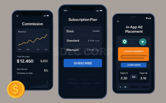 Visual breakdown of monetization strategies for betting apps, featuring revenue models like in-app purchases, VIP subscriptions, banner and video ads, affiliate marketing links, and commission on user bets