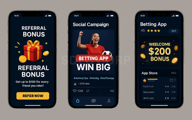 Visual guide showcasing strategies to promote a betting app, including social media marketing, influencer endorsements, app store optimization, referral bonuses, push notifications, and paid advertising campaigns