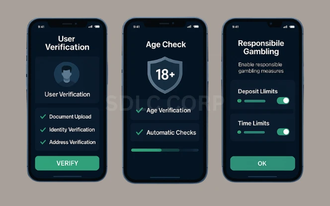 User interface of betting compliance software featuring KYC verification modules, regulatory compliance checklists, anti-money laundering alerts, audit trails, and real-time monitoring tools
