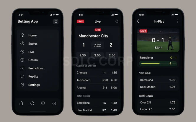 Dashboard view of a betting app like 12BET showcasing features such as live match betting, secure login, real-time odds, payment gateway integration, user profile management, and in-app notifications