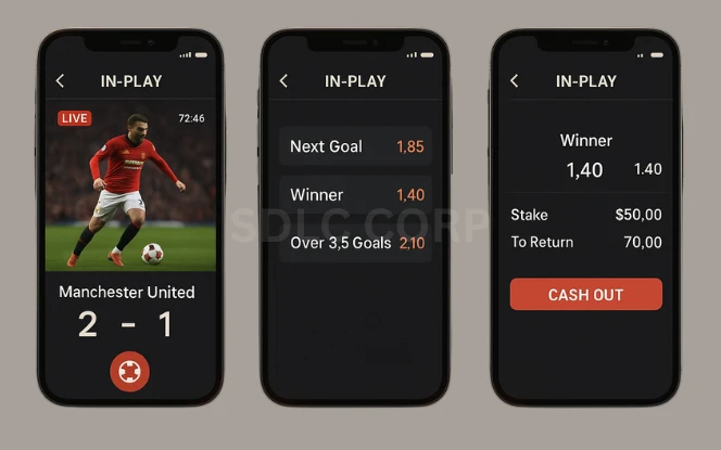 Mobile interface of an in-play betting app showing live football match updates, changing odds, quick bet buttons, and real-time event timeline for instant wagering decisions