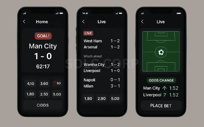 Real-time sports betting dashboard showing live match scores, dynamically updating betting odds, team performance stats, and in-play event indicators