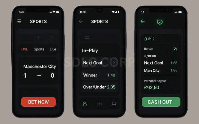 Betting app interface highlighting robust security features such as biometric fingerprint login, SSL encryption, two-factor authentication, secure payment gateway, and data protection shields