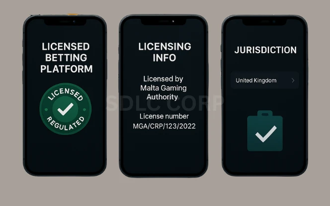 Licensed betting platforms displaying official certification badges, gambling authority seals like UKGC and MGA, verified operator icons, and compliance notices ensuring legal and secure betting environments