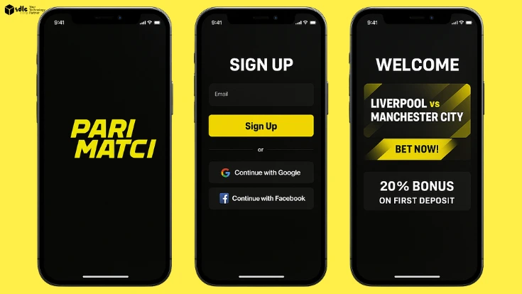 Three mobile screens displaying the introduction flow of a Parimatch-style betting app splash screen with logo, user sign-up with Google and Facebook options, and a welcome screen with betting promotions for a Liverpool vs Manchester City match.