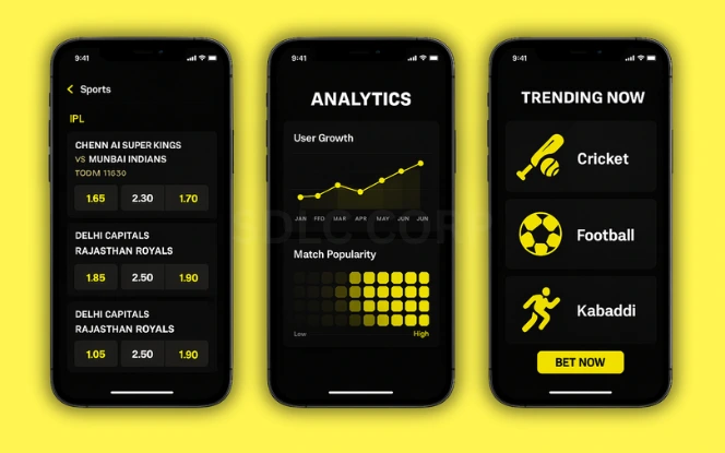 Understanding the Betting App Market in India Three mobile screens showing IPL betting options, user analytics dashboard, and trending sports icons like cricket, football, and kabaddi in Parimatch-style UI on a vibrant yellow background.