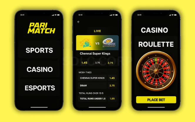 What is Parimatch India? Three mobile screens displaying the Parimatch India app interface showing sports categories like cricket, football, casino, and esports with real-time odds and a roulette game preview, all on a bold yellow background with Parimatch’s dark UI.