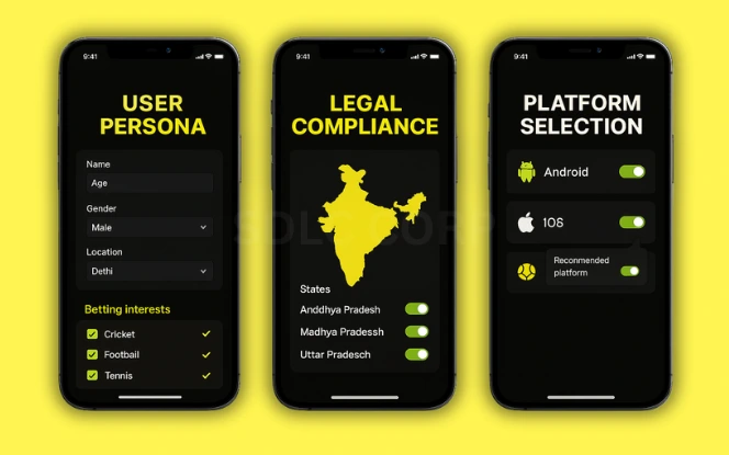 Key Considerations Before Development Three mobile screens showing key planning tools for a betting app: user persona builder, legal compliance map with Indian states, and platform selection toggles for Android, iOS, and Web, all in a Parimatch-style dark UI on a yellow background.