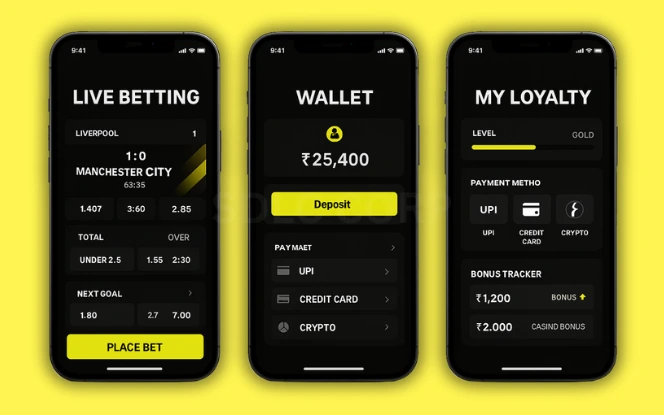 Features of a Successful Betting App Three mobile screens showcasing essential betting app features: live betting with match odds, secure wallet with multiple payment options, and a loyalty rewards dashboard, all styled in Parimatch dark theme over a vibrant yellow background.