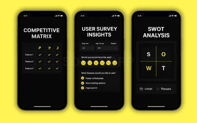Step 1: Market Research and Competitor Analysis Three mobile screens illustrating market research for a betting app: competitor comparison matrix including Parimatch, user behavior heatmap, and a SWOT analysis dashboard, all in dark Parimatch UI with yellow accents on a vibrant yellow background.