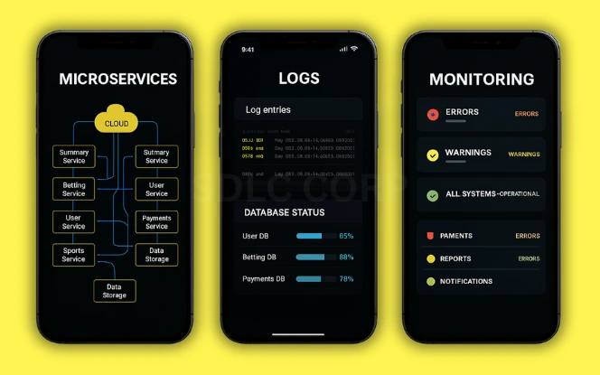 Step 3: Backend Architecture and Development Three mobile screens displaying backend development for a betting app: cloud microservices map with live data flow, log file viewer with database metrics, and error monitoring dashboard with status indicators, all in Parimatch dark UI on a vibrant yellow background.
