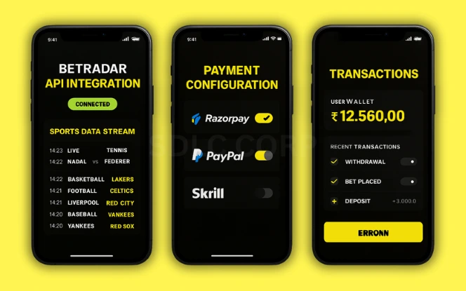 Step 4: Integrate APIs and Payment Gateways Three mobile screens showing API and payment integration for a betting app: BetRadar sports data feed, payment settings with Razorpay, PayPal, Skrill toggles, and a transaction history dashboard, all styled in Parimatch dark UI over a yellow background.