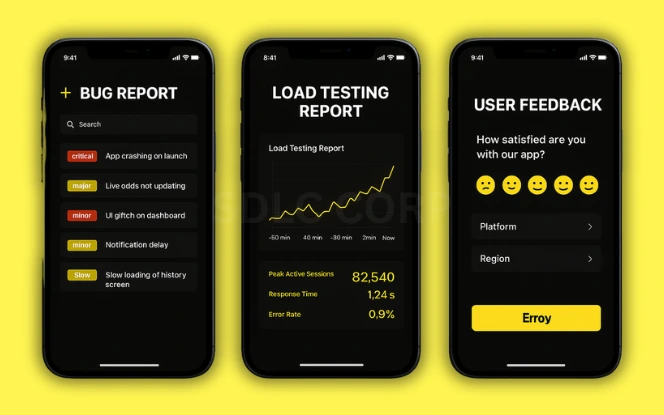 Step 5: Testing and Quality Assurance Three mobile screens representing QA workflows in a betting app: bug report panel with severity tags, load testing dashboard with active session graphs, and user feedback screen with emoji-based survey, all in Parimatch dark UI on a vibrant yellow background.