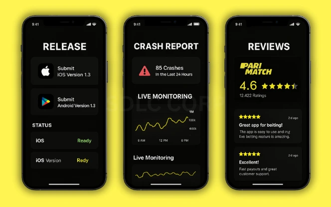 Step 6: Deployment and Maintenance Three mobile screens illustrating the deployment lifecycle of a betting app: release interface with app store icons and versioning, crash report and live monitoring graphs, and user review summary with ratings and feedback, all in Parimatch dark UI on a vibrant yellow background.