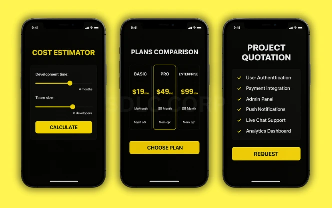 Betting App Development Cost in India Three mobile screens showing cost estimation tools for a betting app: interactive app cost calculator with sliders, plan comparison for Basic, Pro, and Enterprise tiers, and a detailed quotation screen with feature checklist, all in Parimatch dark UI on a vibrant yellow background.