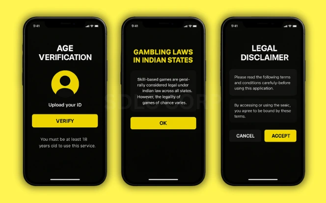 Legal Considerations Three mobile screens illustrating legal compliance for a betting app: age verification interface with ID upload, pop-up detailing Indian state gambling laws, and a legal disclaimer modal with scrollable terms, all in Parimatch dark UI on a vibrant yellow background.