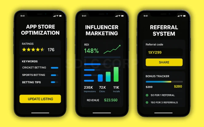 Marketing Your Betting App Three mobile screens showcasing marketing strategies for a betting app: app store optimization metrics with reviews and keywords, influencer marketing ROI dashboard, and referral system UI with bonus tracker and referral code, all in Parimatch dark UI on a vibrant yellow background.