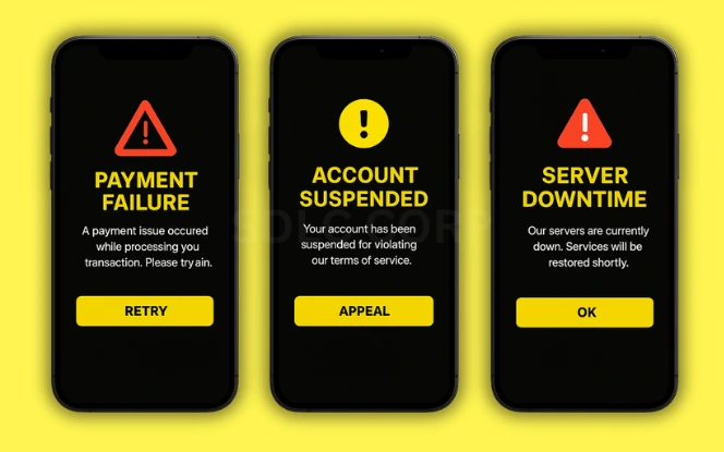 Challenges to Anticipate Three mobile screens depicting key challenges in a betting app: transaction failure notification, suspended user interface with appeal option, and server downtime alert, all styled in Parimatch dark UI with urgency indicators on a vibrant yellow background.