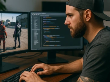 Backend developer coding multiplayer matchmaking logic on dual monitors with server-side code on one screen and a live game environment on the other