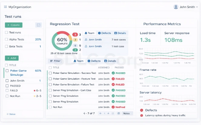Tablet-style admin dashboard showing test runs, regression status, and performance metrics with balanced white space on both sides
