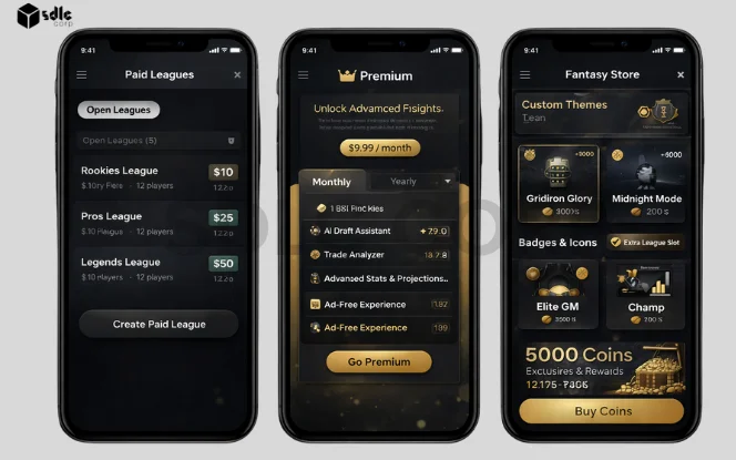 Three fantasy sports app screens showing paid leagues, premium subscription plans, and an in-app store with coins and cosmetic add-ons..
