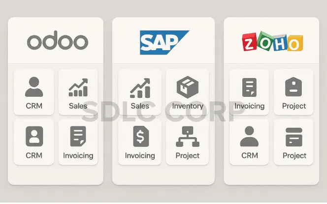 ERP dashboard comparison showing module tiles for Odoo, SAP, and Zoho with icons like CRM, Sales, Inventory, and Project in a clean, software interface style