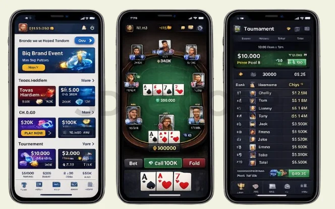 Octro style poker app mobile screens showing lobby live table and tournament leaderboard