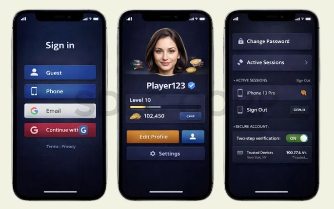 Poker app login profile and security screens showing sign in user profile and account protection