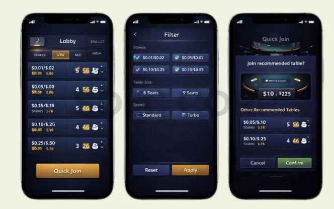 Poker app game lobby showing table listings filters and quick join matchmaking