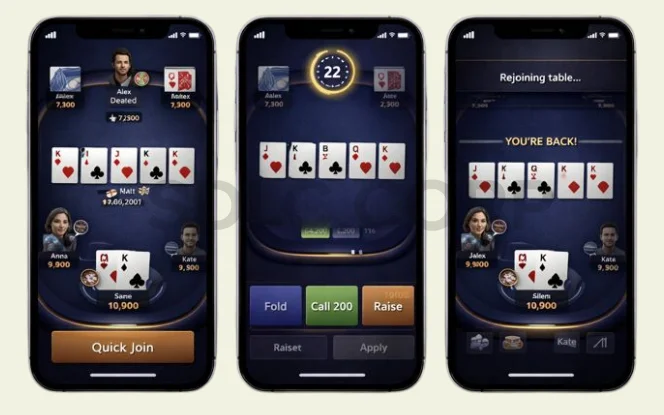 Real time poker gameplay screen showing live table action buttons and reconnect flow