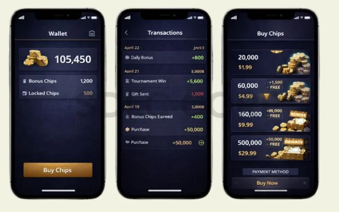 Poker app wallet screen showing chips balance transaction history and chip purchase