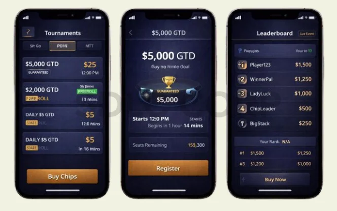 Poker tournaments screen showing Sit and Go multi table events and live leaderboard