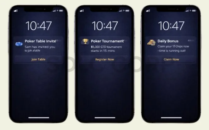 Poker app push notifications showing table invite tournament reminder and bonus offer.