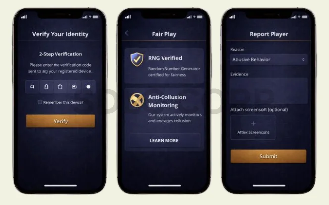 Poker app security screen showing two step verification fair play monitoring and abuse reporting