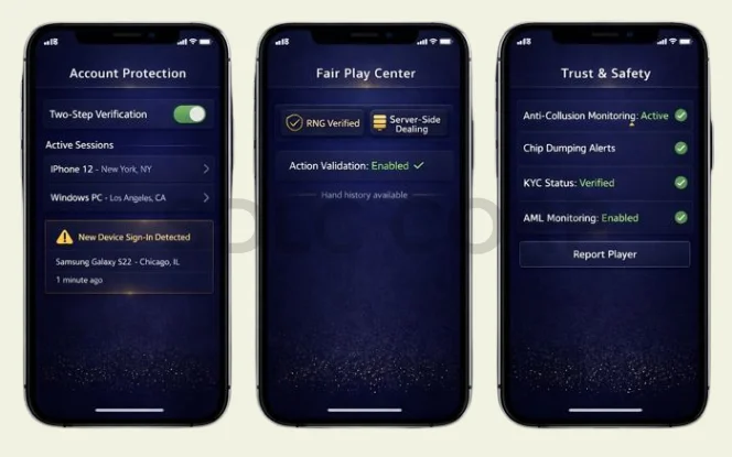 Poker app security screens showing account protection fair play verification and trust and safety controls