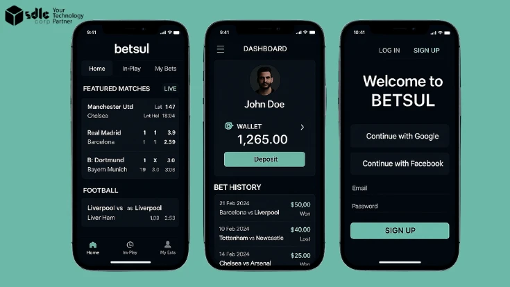 Three mobile screens displaying a modern dark-themed sports betting app interface like Betsul, showcasing featured live matches with odds, user dashboard with wallet and bet history, and login/signup screen with Google and Facebook options.