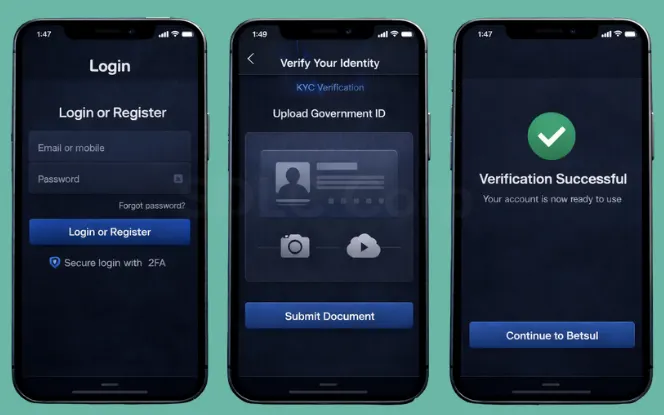 Mobile screens showing login form, ID upload for KYC, and verification success message.