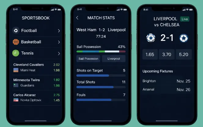 Mobile screens displaying sportsbook categories, match statistics, and live score details.
