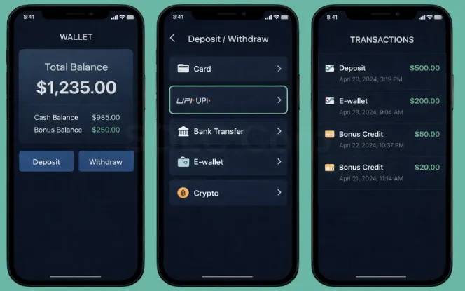 Mobile screens displaying wallet balance, deposit methods, and bonus credit information.
