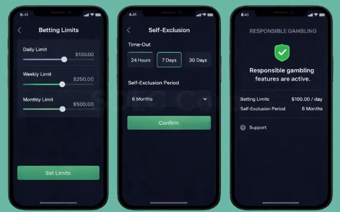 Mobile screens displaying betting limits, self-exclusion period, and responsible gambling status.