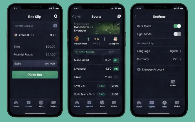 Mobile screens showing a bet slip, live match view, and app theme settings.