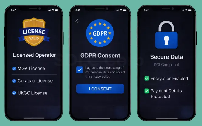 Mobile screens showing licensing, GDPR consent, and secure data status.