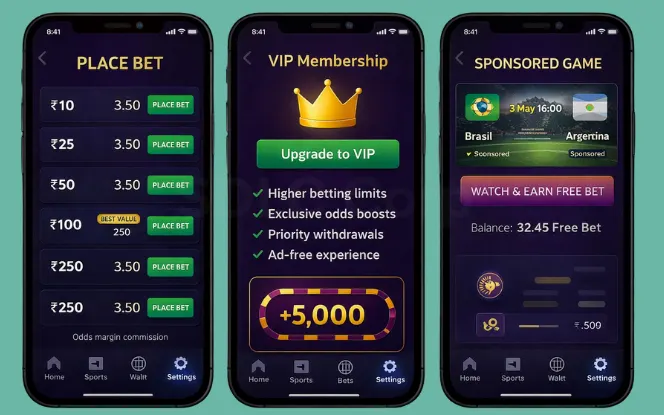 Mobile screens showing VIP membership plans, in-app advertisement, and affiliate dashboard.