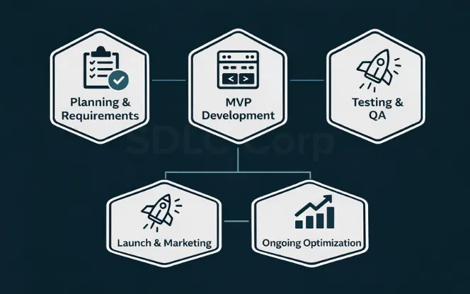 Development phases timeline showing planning, MVP build, testing, launch, and optimization