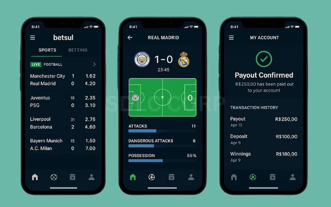 Three smartphone screens displaying a modern sports betting app modeled after Betsul, featuring a live match selection interface with real-time odds, a user dashboard showing wallet balance and bet history, and a login/signup screen with social media integration; all designed with a sleek dark theme and intuitive navigation elements.
